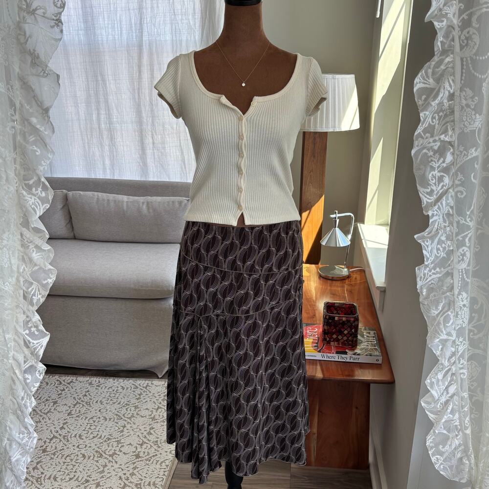 2000s Vintage Max Studio Flowy Asymmetrical Skirt Brown Abstract Pattern Medium